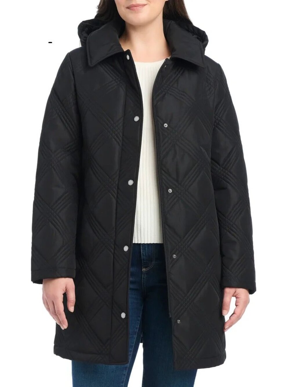 Jones New York Women's Belted Quilt Jacket Removable Hood Black Size Small (New)